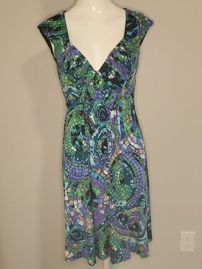 connected apparel Mosaic-Pattern Midi Dress in Green & Purple